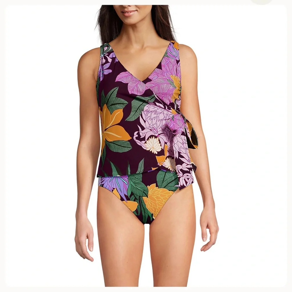 Lands end Side Tie Tankini Top Floral V-Neck Wrap